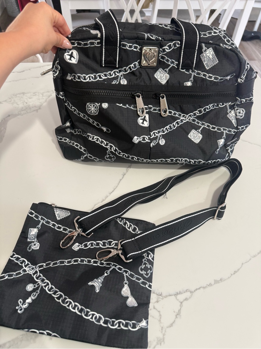 NWOT "Links of Love" Brighton Jetsetter Duffle Bag in black & white - Picture 2 of 16